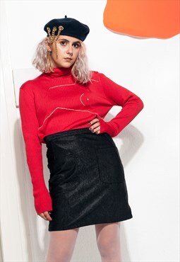 Vintage skirt 80s high-waisted shiny black ribbed mini skirt