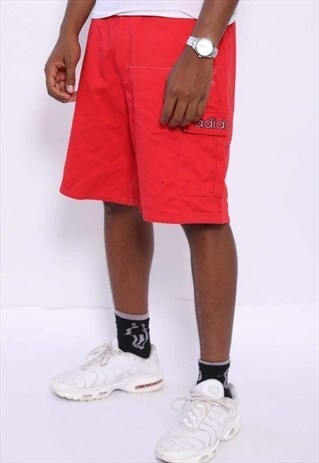 VINTAGE ADIDAS SPELL OUT LOGO HEAVY COTTON CARGO SHORTS RED