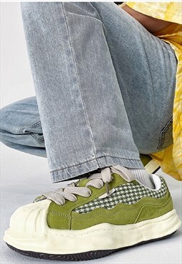Distressed Platform sneakers melted check trainers in green