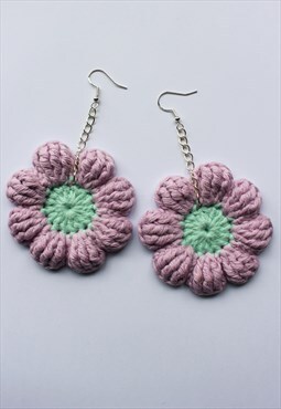 Puff Lilac & Mint Crochet Daisy Drop Earrings