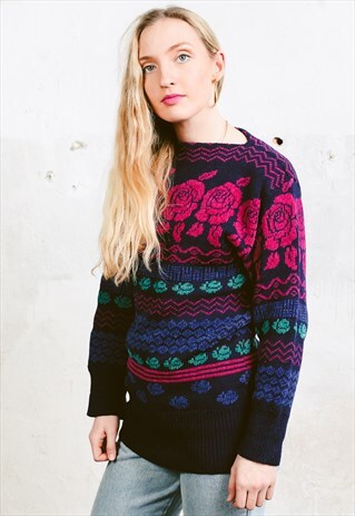VINTAGE 80S ROSE PRINT LADIES SWEATER