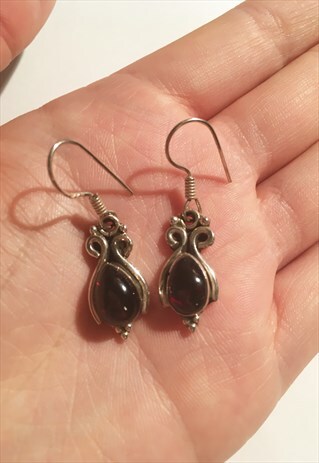 WOMENS VINTAGE EARRINGS BURGUNDY 925 SILVER DANGLY EARRINGS