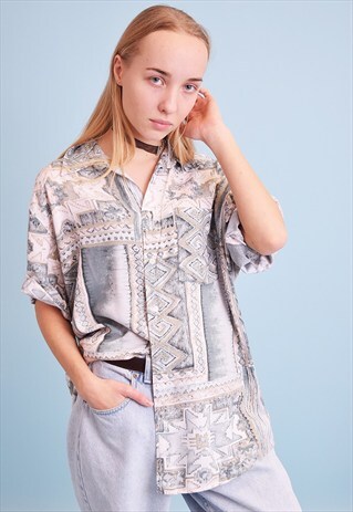 90'S RETRO ABSTRACT PRINT PASTEL OVERSIZED SHIRT BLOUSE TOP