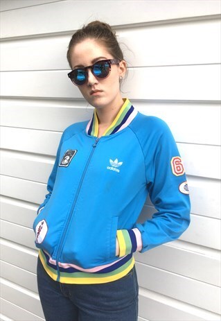 WOMENS RARE ADIDAS PEACE LIGHT BLUE PATCH ZIP UP JACKET