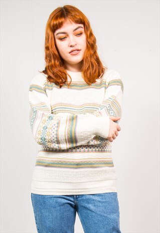 VINTAGE 90'S WHITE & PASTEL STRIPED PATTERN KNIT JUMPER