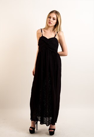 BLACK ROSE LACE PATTERN PLEATED BUST MAXI DRESS WEDDING
