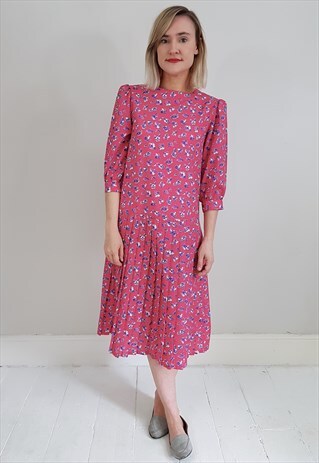 VINTAGE 80'S PINK AND BLUE FLORAL PLEATED DRESS