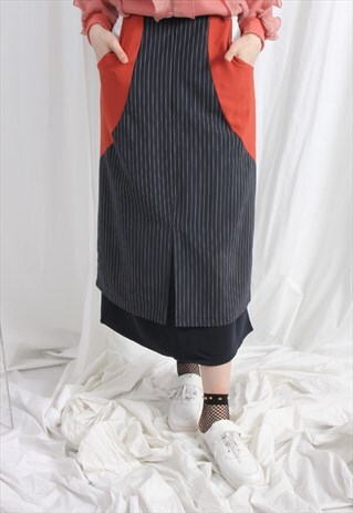 (KOREAN) COLOR BLOCKING MIX 2-LAYERED PINSTRIPED SKIRT