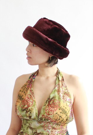 BURGUNDY FLUFFY FAUX FUR WINTER HAT