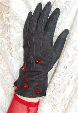 Vintage Black Suede Gothic Vamp Gloves With Red Pearls Small