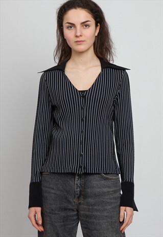 VINTAGE BLACK BLANCO NEGRO V-NECK LONG SLEEVE STRIPED SHIRT