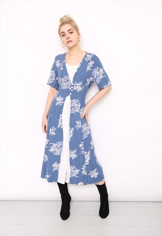 VINTAGE 90S BLUE FLORAL PRINT MIDI DRESS