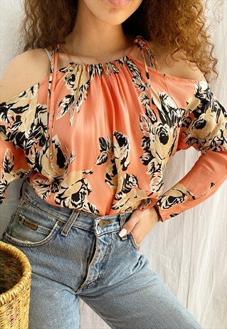 VINTAGE 70S LUXE SATIN ROSE PRINT HAUTE BOHEME BLOUSE TOP