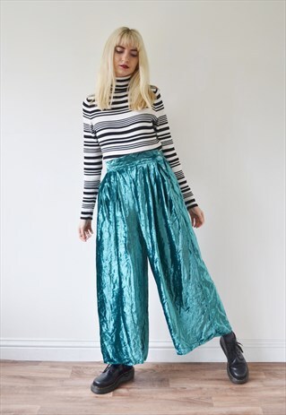 VINTAGE HIGH WAIST TURQUOISE VELVET TROUSERS WIDE LEG