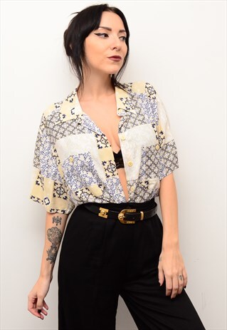 VINTAGE 90'S INDIE FOLK PATTERNED OVERSIZED BLOUSE SHIRT