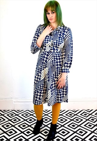 VINTAGE 70'S JAPANESE DOGSTOOTH STRIPE PRINT MIDI MOD DRESS
