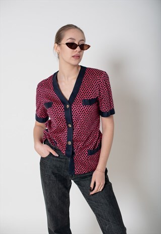 VINTAGE 60S CONTRAST EDGE SHORT SLEEVE GOLDEN BUTTON BLOUSE