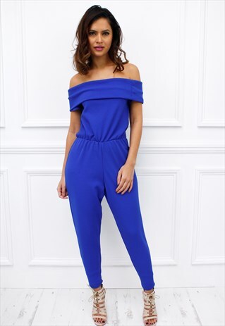 WOMENS LADIES OFF SHOULDER BARDOT BLUE SKINNY JUMPSUIT