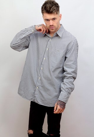 1990'S VINTAGE LACOSTE STRIPED PRINT SHIRT IN BLACK/WHITE