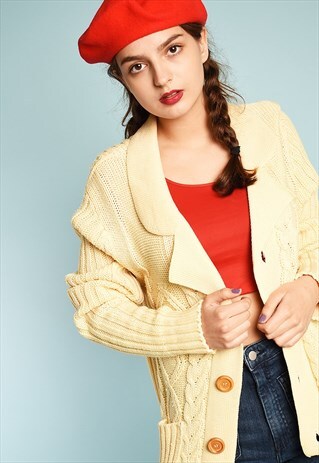 70'S RETRO CREAM CABLE KNIT PARIS CHIC CARDIGAN JACKET