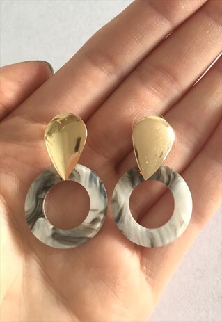 WOMENS GOLD GREY ACRYLIC EARRINGS STATEMENT DANGLY EARRINGS