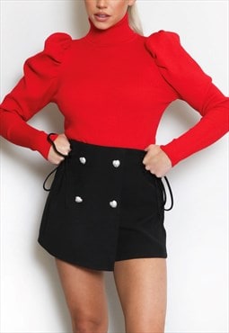 High Neck Puff Sleeve Ribbed Jumper In Red