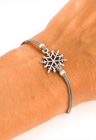 SILVER SNOWFLAKE BRACELET GREY CORD GIFT FOR HER ADJUSTABLE
