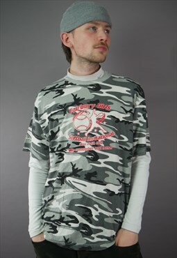 Vintage Camouflage Printed Baseball T-Shirt in Grey 