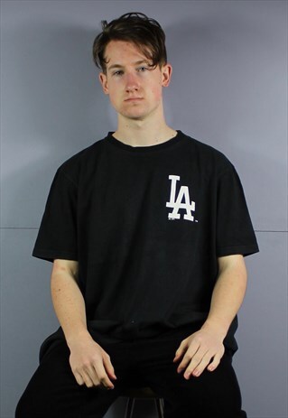 VINTAGE MAJESTIC LA DODGERS T-SHIRT IN BLACK WITH PRINTED LO