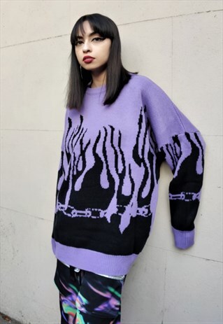 BOX FIT FLAME KNITTED SWEATSHIRT PURPLE FIRE KNITWEAR JUMPER