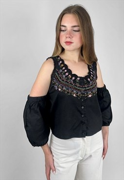 80's Vintage Black Beaded Embroidery Sleeveless Crop Blouse