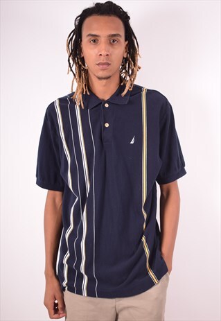 NAUTICA MENS VINTAGE POLO SHIRT XL NAVY BLUE STRIPES 90S