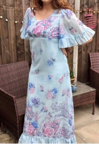 70S FLOATY FLORAL BOHO RUFFLE HEM MAXI DRESS BLUE