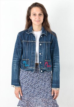 Evisu Women M Denim Jean Jacket Cropped Embroidered Japanese