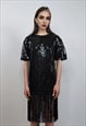 OVERSIZE SEQUIN DRESS DROP SHOULDER FRINGED GOWN TASSELS 