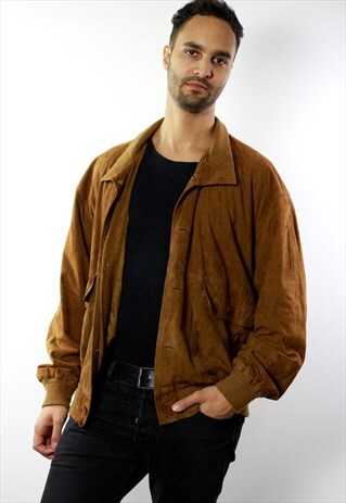 VINTAGE 80S SUEDE BOMBER JACKET BROWN MEN LARGE