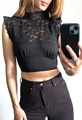 90S BLACK LACE CROP TOP / BRA - SMALL