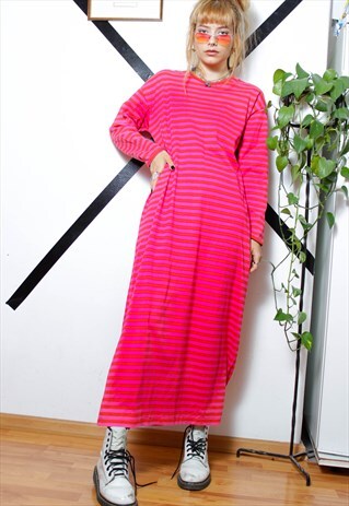 90S GRUNGE Y2K COSY PINK RED LONG SLEEVE MAXI SACK DRESS