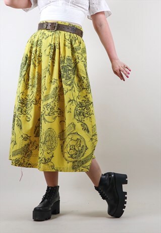 VINTAGE YELLOW SCARF BAROQUE PRINT HIGH WAISTED MIDI SKIRT