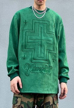 Green embroidered Oversized Suede Sweatshirts Unisex Y2k