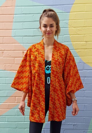 ORANGE KIMONO JACKET COAT WITH LEAF PRINT
