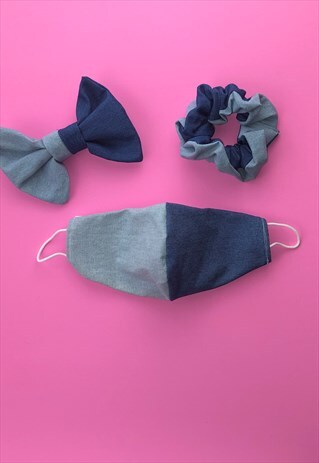 2 TONE DENIM FACE COVERING SET WITH SCRUNCHIE OR HAIR BOW