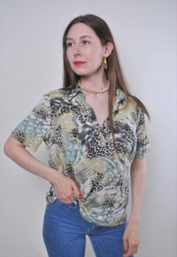 Vintage 90s leopard blouse, multicolor printed blouse summer