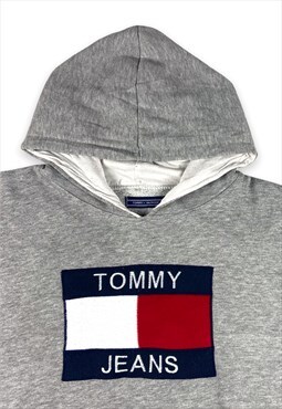 Vintage Tommy Hilfiger 1990s Spellout Grey Hoodie (L)