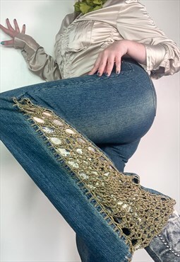 Vintage Y2K denim jeans with crochet flares