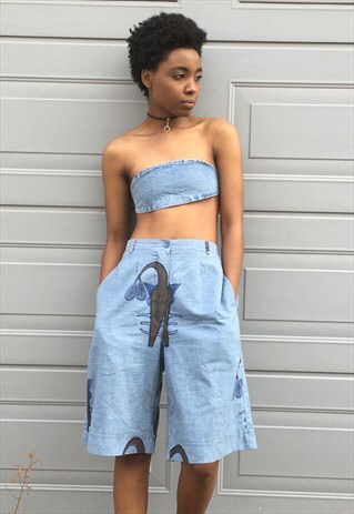 BLUE HIGH WAISTED AFRICAN MASK SHORTS
