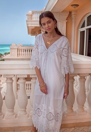 LONG WHITE LACE SUMMER MAXI DRESS WITH SLEEVES