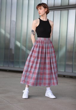 Vintage 80s Check Pattern Maxi Skirt XS Grey Red 