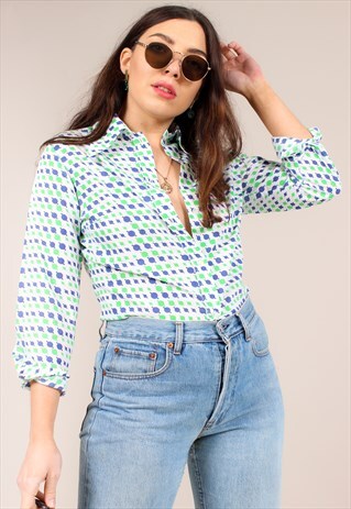 VINTAGE 70S WHITE SPOT PRINT BLOUSE