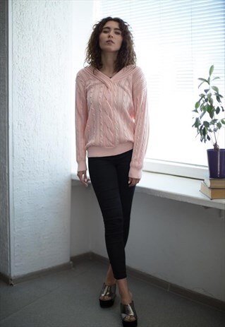 VINTAGE 80'S LIGHT PINK V-NECK JUMPER